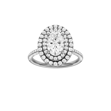 A front view of the Oval cut diamond engagement ring in 14k white gold with a pavé diamond band and solitaire setting