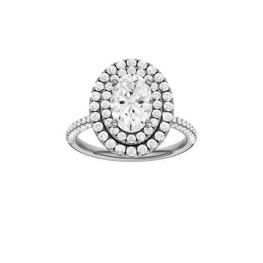 A front view of the Oval cut diamond engagement ring in 14k white gold with a pavé diamond band and solitaire setting