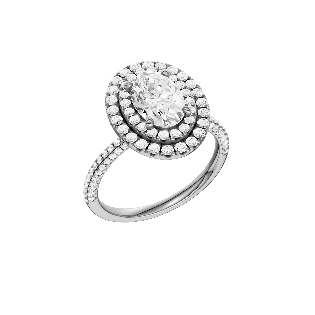 A three-quarter view of the Oval cut diamond engagement ring in 14k white gold with a pavé diamond band and solitaire setting