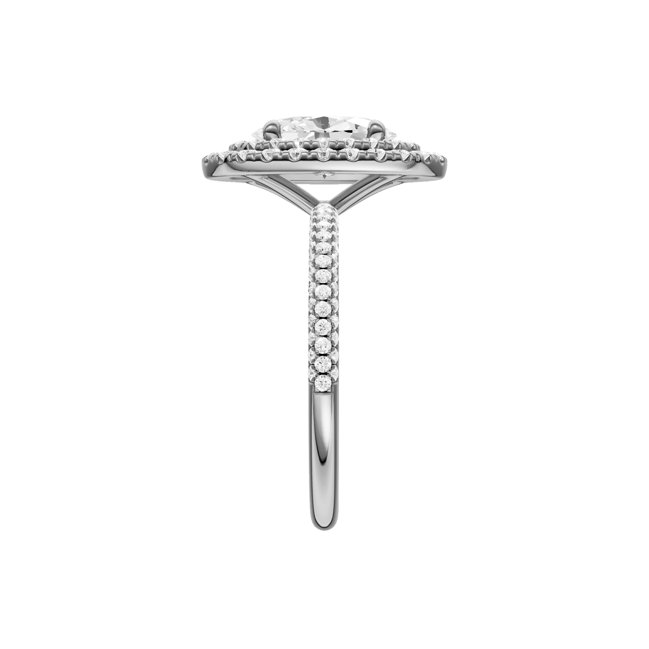A side view of the Oval cut diamond engagement ring in platinum with a pavé diamond band and solitaire setting