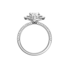 A profile view of the Oval cut diamond engagement ring in 14k white gold with a pavé diamond band and solitaire setting