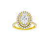 A front view of the Oval cut diamond engagement ring in 14k yellow gold with a pavé diamond band and solitaire setting