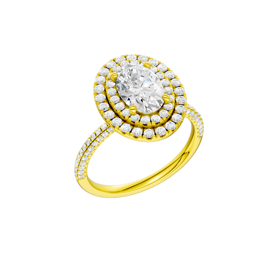 A three-quarter view of the Oval cut diamond engagement ring in 14k yellow gold with a pavé diamond band and solitaire setting