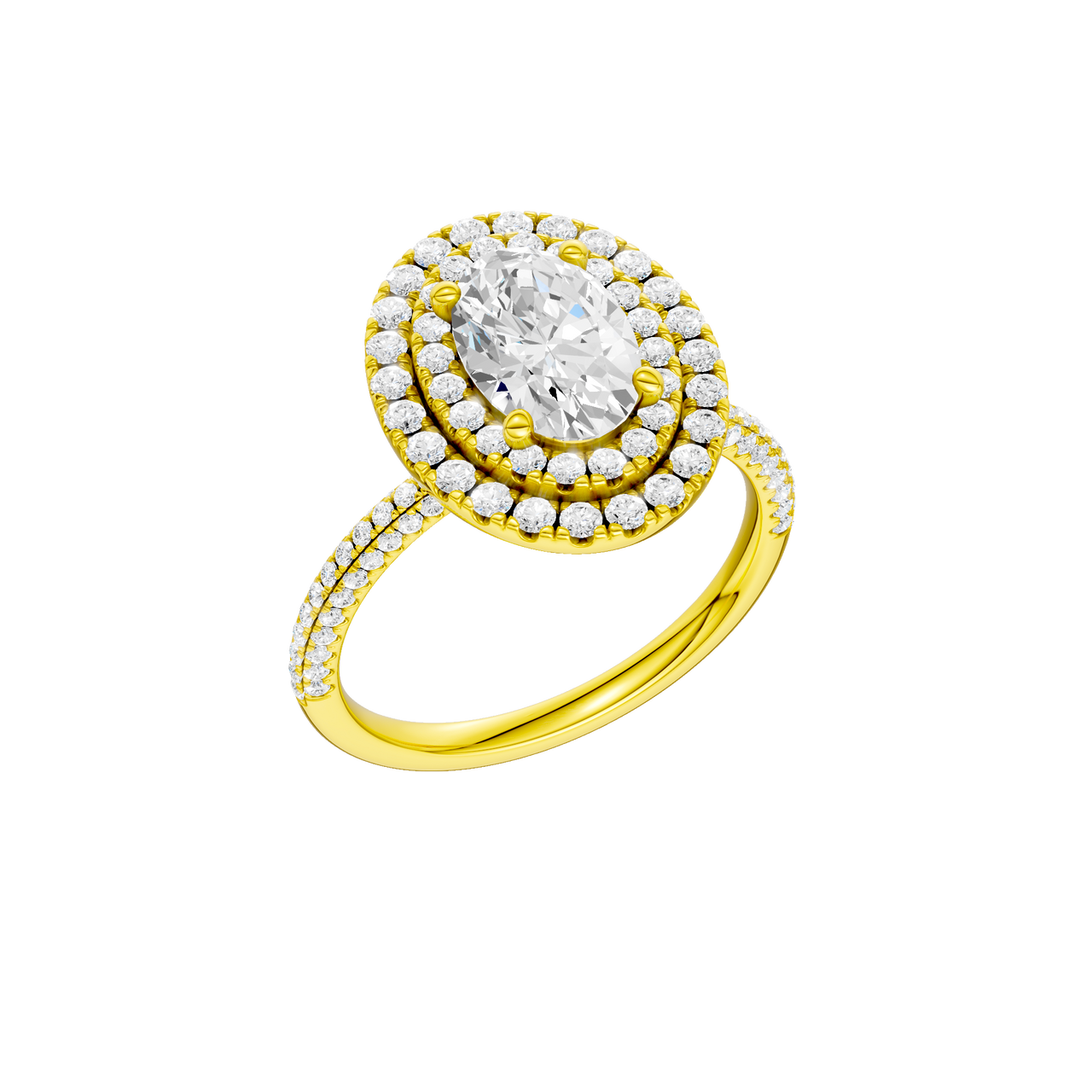 A three-quarter view of the Oval cut diamond engagement ring in 14k yellow gold with a pavé diamond band and solitaire setting