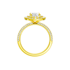 A profile view of the Oval cut diamond engagement ring in 14k yellow gold with a pavé diamond band and solitaire setting
