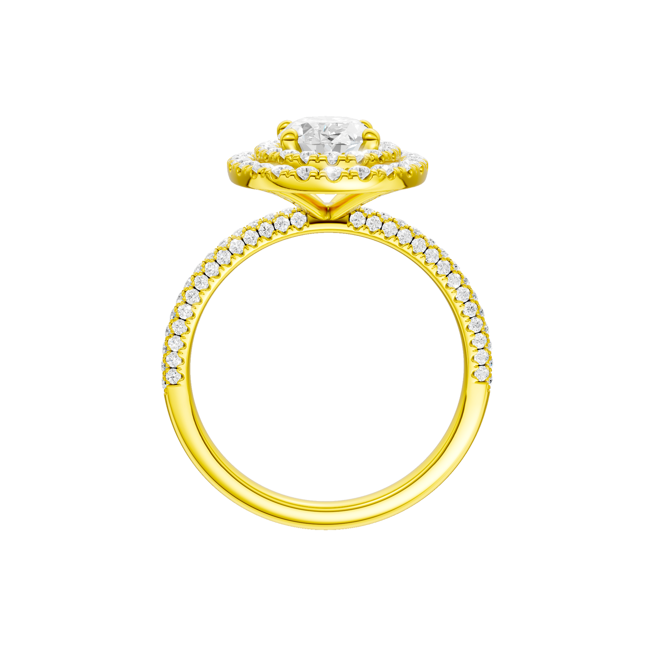 A profile view of the Oval cut diamond engagement ring in 14k yellow gold with a pavé diamond band and solitaire setting