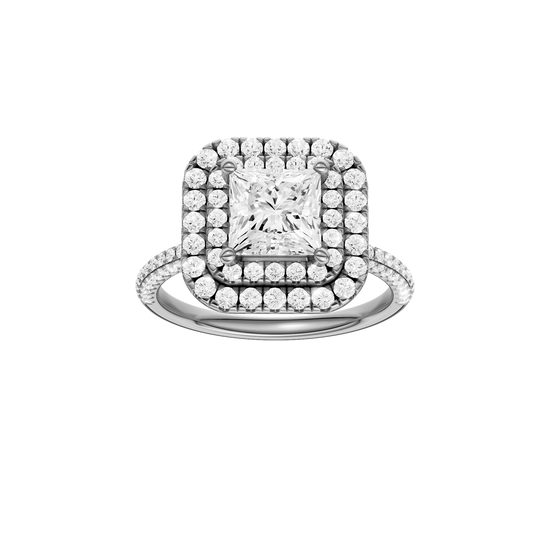A front view of the Princess cut diamond engagement ring in 14k white gold with a pavé diamond band and solitaire setting