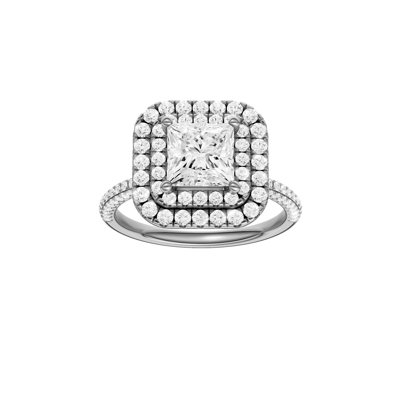 A front view of the Princess cut diamond engagement ring in 14k white gold with a pavé diamond band and solitaire setting