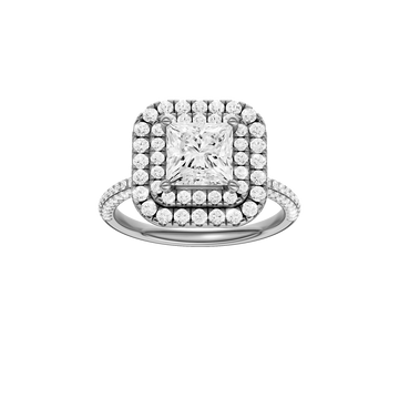A front view of the Princess cut diamond engagement ring in 14k white gold with a pavé diamond band and solitaire setting