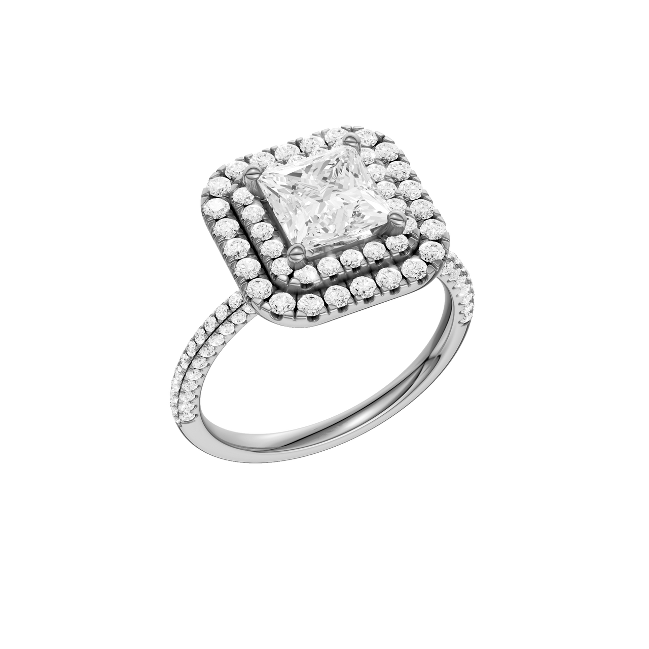 A three-quarter view of the Princess cut diamond engagement ring in 14k white gold with a pavé diamond band and solitaire setting