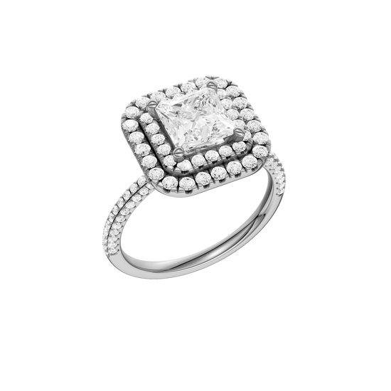 A three-quarter view of the Princess cut diamond engagement ring in platinum with a pavé diamond band and solitaire setting