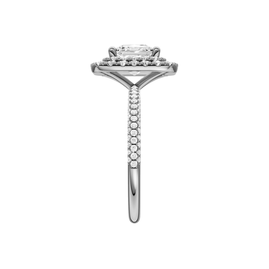 A side view of the Princess cut diamond engagement ring in platinum with a pavé diamond band and solitaire setting