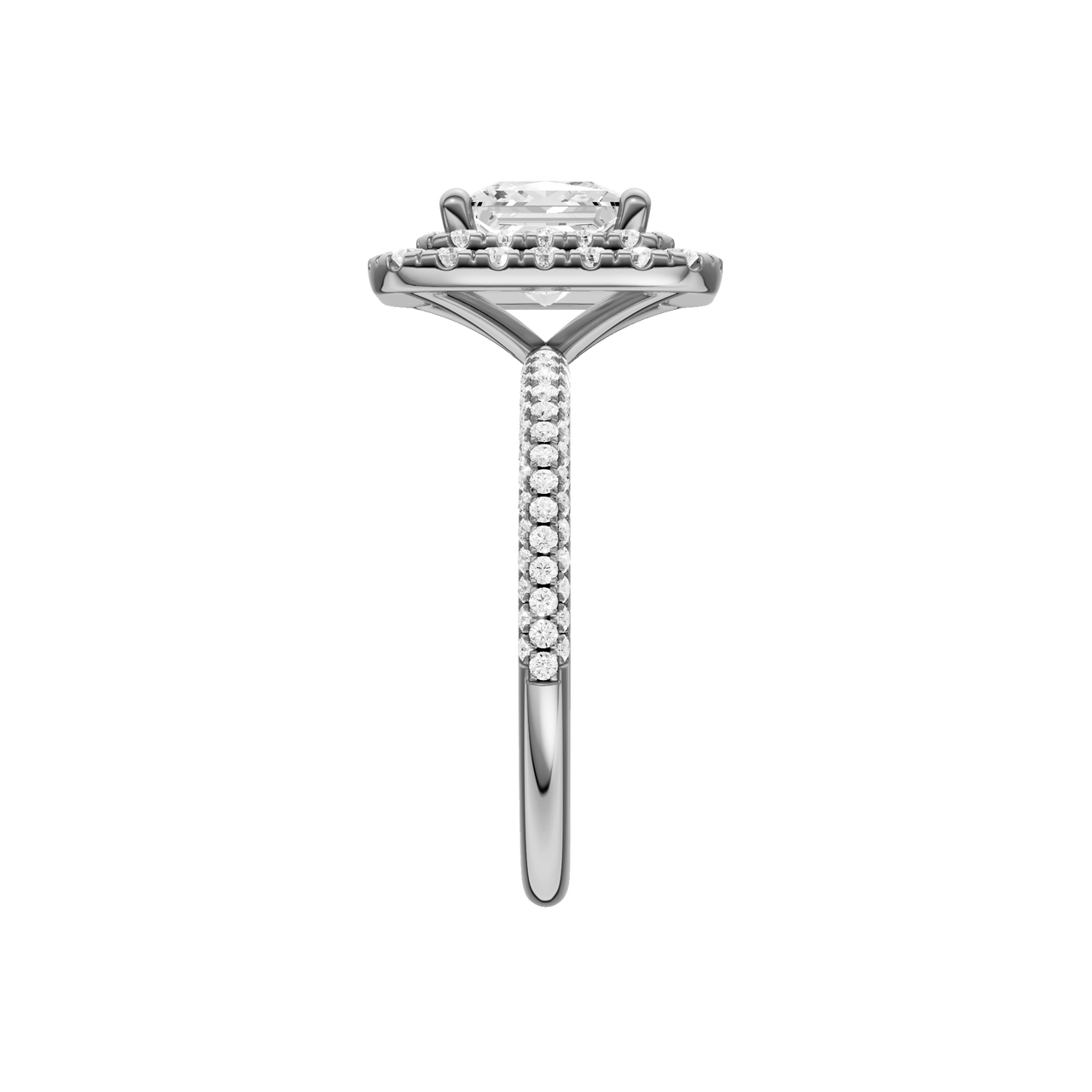 A side view of the Princess cut diamond engagement ring in 14k white gold with a pavé diamond band and solitaire setting