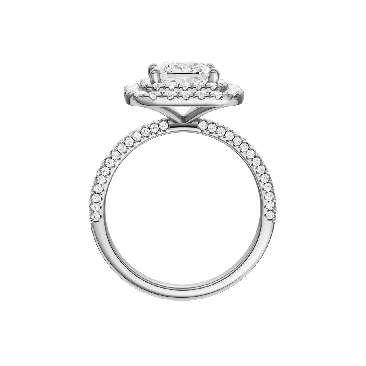 A profile view of the Princess cut diamond engagement ring in 14k white gold with a pavé diamond band and solitaire setting