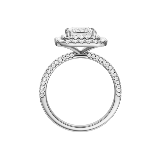 A profile view of the Princess cut diamond engagement ring in platinum with a pavé diamond band and solitaire setting