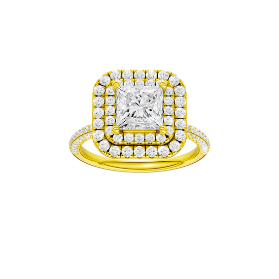 A front view of the Princess cut diamond engagement ring in 14k yellow gold with a pavé diamond band and solitaire setting