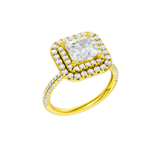 A three-quarter view of the Princess cut diamond engagement ring in 14k yellow gold with a pavé diamond band and solitaire setting