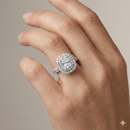 Radiant cut diamond engagement ring in 14k white gold with a pavé diamond band and solitaire setting on a hand