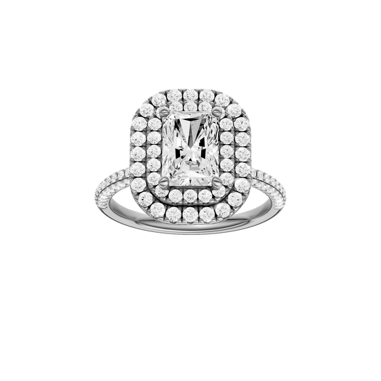 A front view of the Radiant cut diamond engagement ring in 14k white gold with a pavé diamond band and solitaire setting
