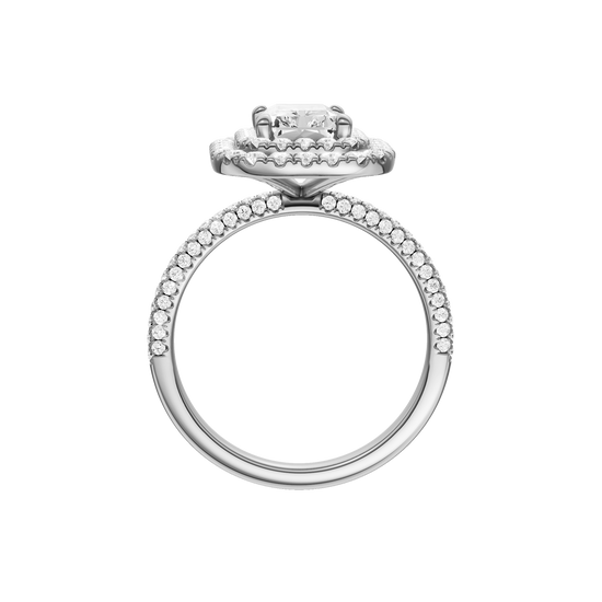 A profile view of the Radiant cut diamond engagement ring in 14k white gold with a pavé diamond band and solitaire setting