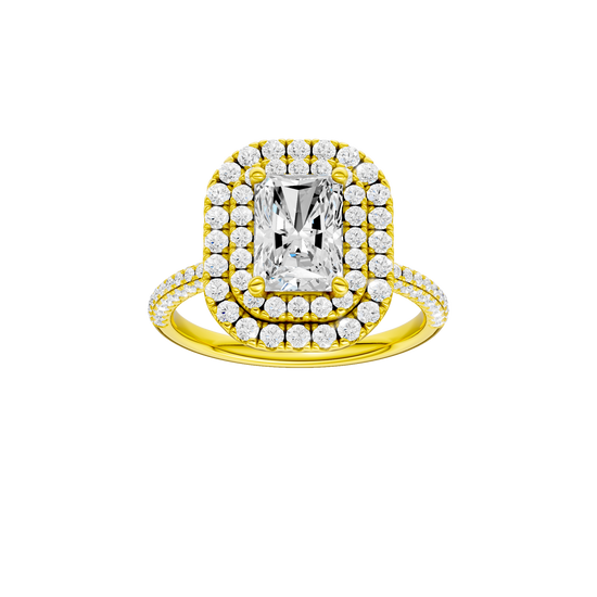 A front view of the Radiant cut diamond engagement ring in 14k yellow gold with a pavé diamond band and solitaire setting