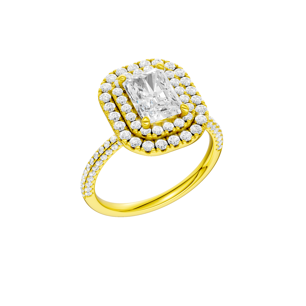 A three-quarter view of the Radiant cut diamond engagement ring in 14k yellow gold with a pavé diamond band and solitaire setting