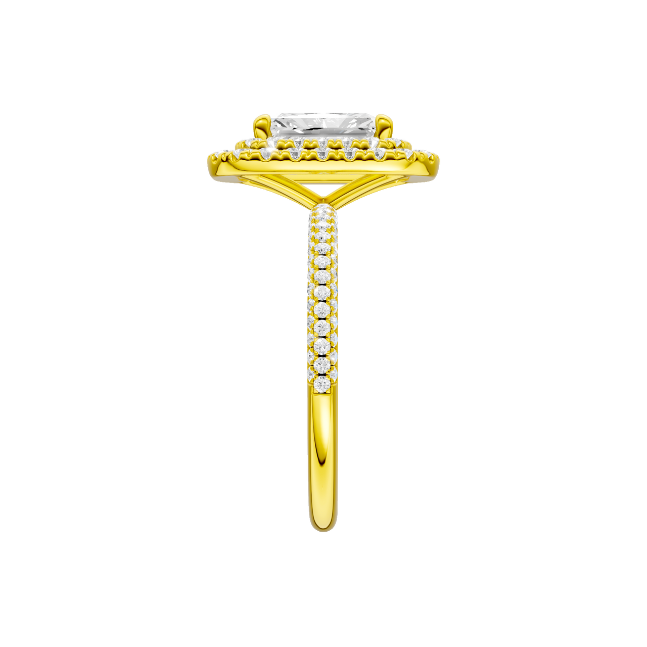 A side view of the Radiant cut diamond engagement ring in 14k yellow gold with a pavé diamond band and solitaire setting