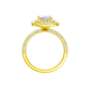 A profile view of the Radiant cut diamond engagement ring in 14k yellow gold with a pavé diamond band and solitaire setting