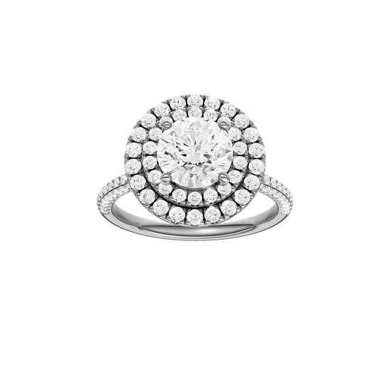A front view of the Round cut diamond engagement ring in 14k white gold with a pavé diamond band and solitaire setting