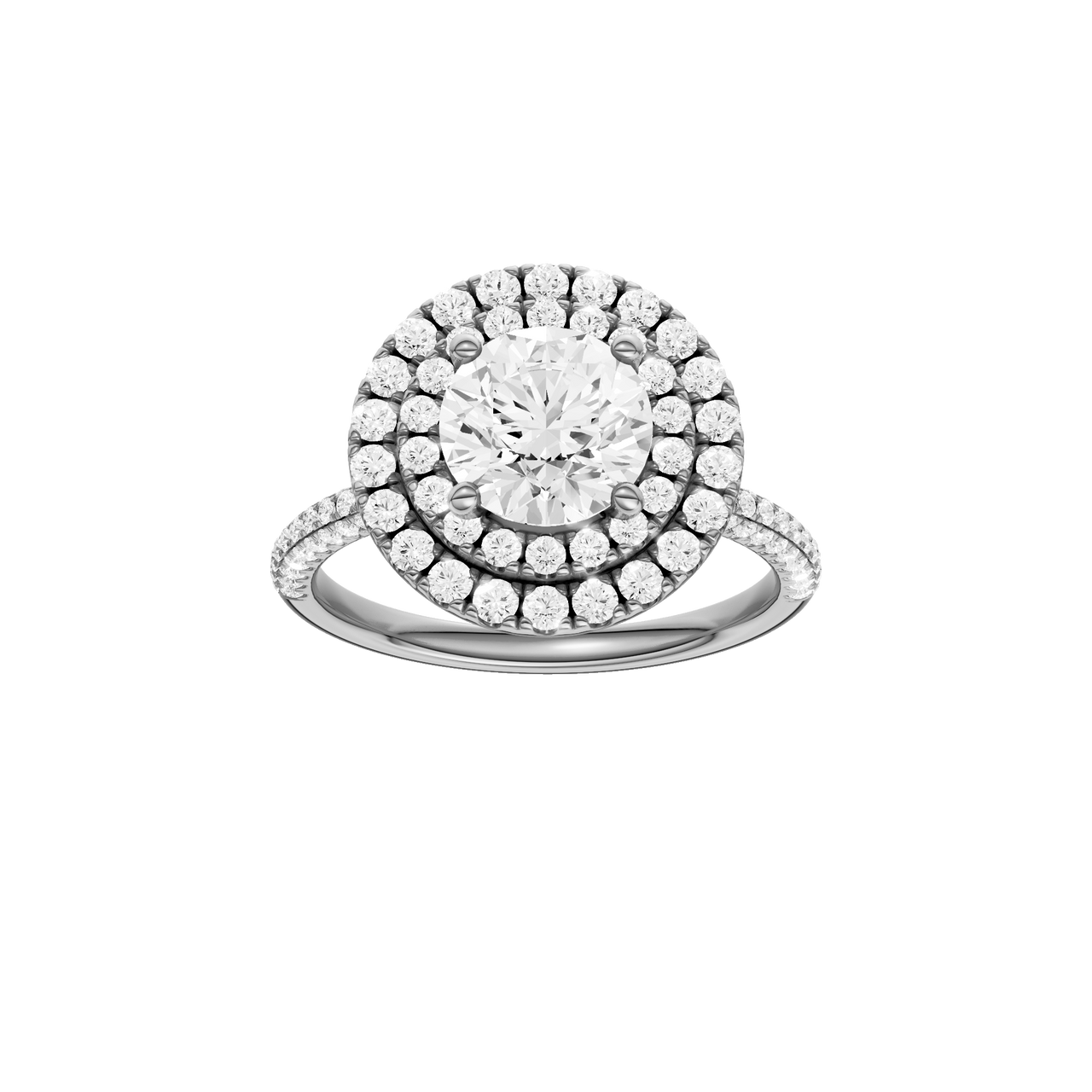 A front view of the Round cut diamond engagement ring in 14k white gold with a pavé diamond band and solitaire setting