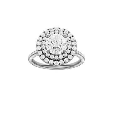 A front view of the Round cut diamond engagement ring in 14k white gold with a pavé diamond band and solitaire setting