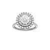 A front view of the Round cut diamond engagement ring in platinum with a pavé diamond band and solitaire setting