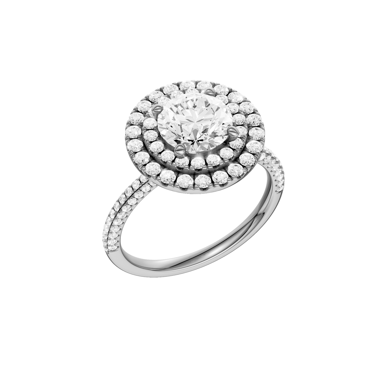 A three-quarter view of the Round cut diamond engagement ring in platinum with a pavé diamond band and solitaire setting