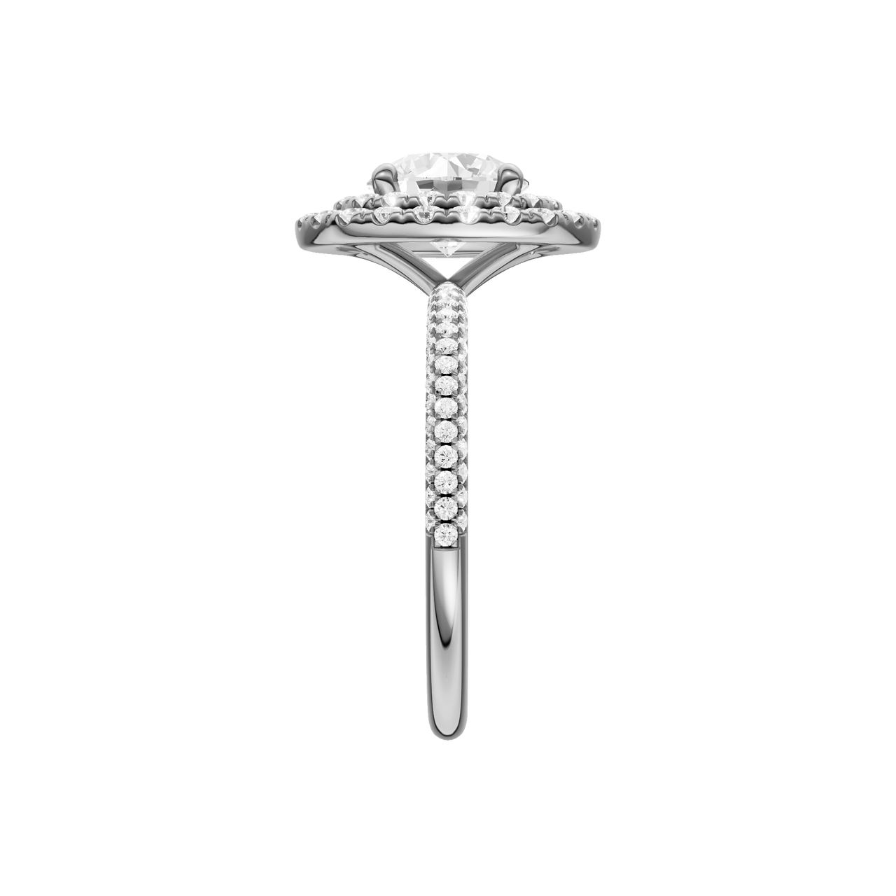 A side view of the Round cut diamond engagement ring in 14k white gold with a pavé diamond band and solitaire setting