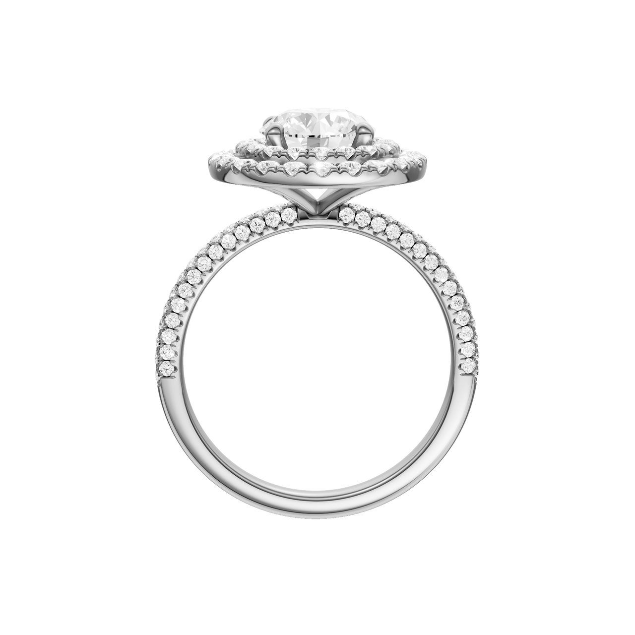 A profile view of the Round cut diamond engagement ring in platinum with a pavé diamond band and solitaire setting