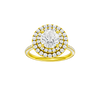 A front view of the Round cut diamond engagement ring in 14k yellow gold with a pavé diamond band and solitaire setting
