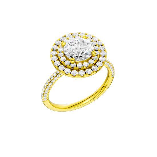 A three-quarter view of the Round cut diamond engagement ring in 14k yellow gold with a pavé diamond band and solitaire setting