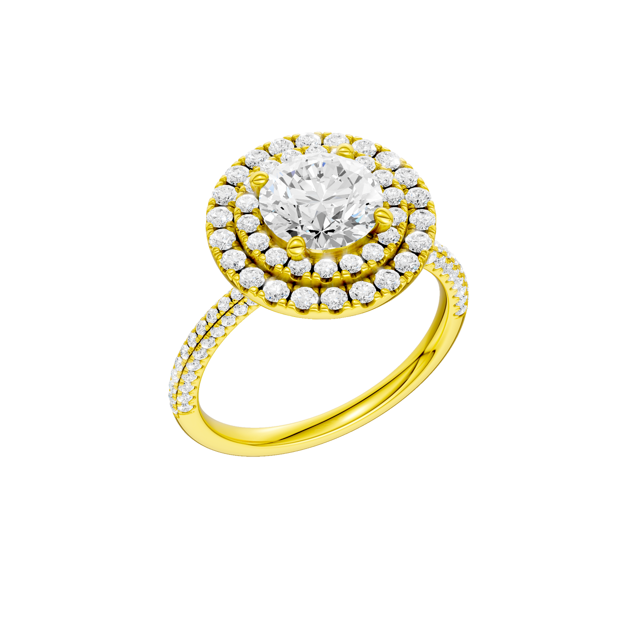 A three-quarter view of the Round cut diamond engagement ring in 14k yellow gold with a pavé diamond band and solitaire setting