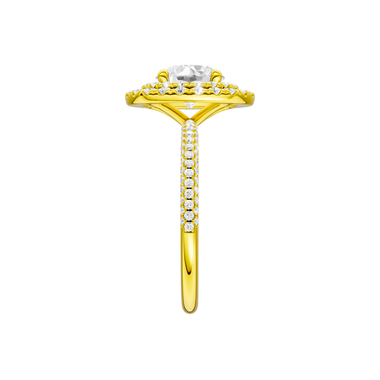 A side view of the Round cut diamond engagement ring in 14k yellow gold with a pavé diamond band and solitaire setting