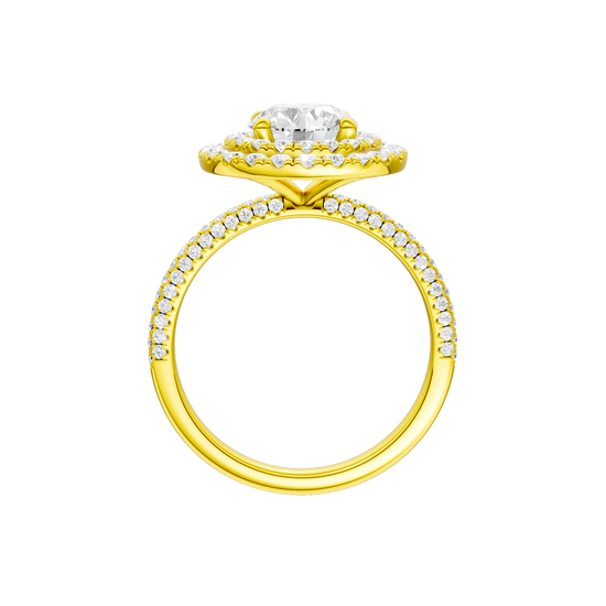 A profile view of the Round cut diamond engagement ring in 14k yellow gold with a pavé diamond band and solitaire setting