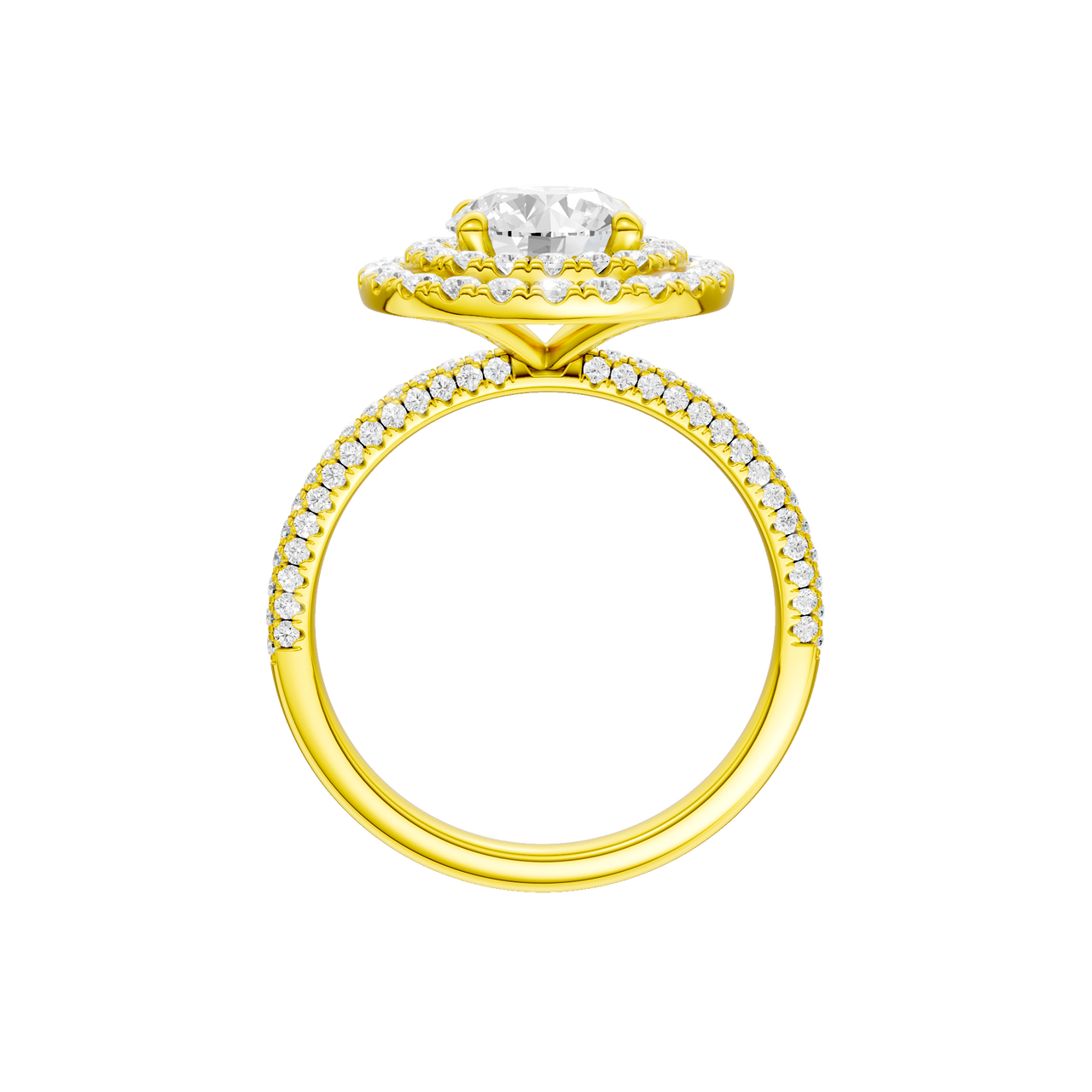 A profile view of the Round cut diamond engagement ring in 14k yellow gold with a pavé diamond band and solitaire setting