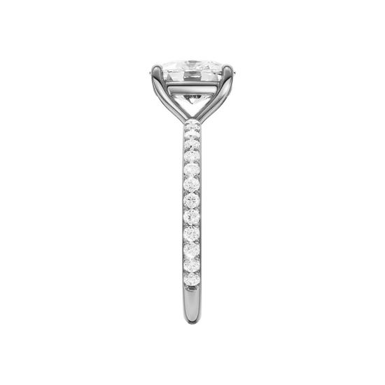 A side view of the Elongated cushion cut diamond engagement ring in platinum with a prong diamond band and cathedral setting