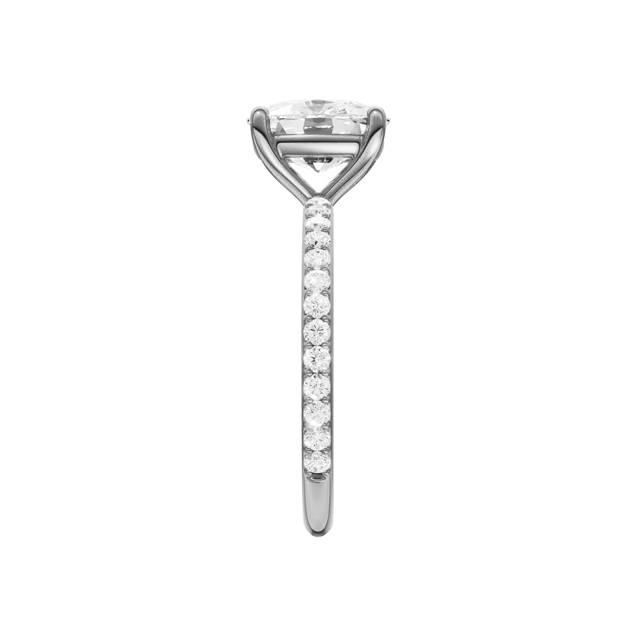 A side view of the Elongated cushion cut diamond engagement ring in platinum with a prong diamond band and cathedral setting
