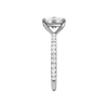 A side view of the Elongated cushion cut diamond engagement ring in 14k white gold with a prong diamond band and cathedral setting