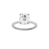 A front view of the Elongated cushion cut diamond engagement ring in 14k white gold with a prong diamond band and cathedral setting