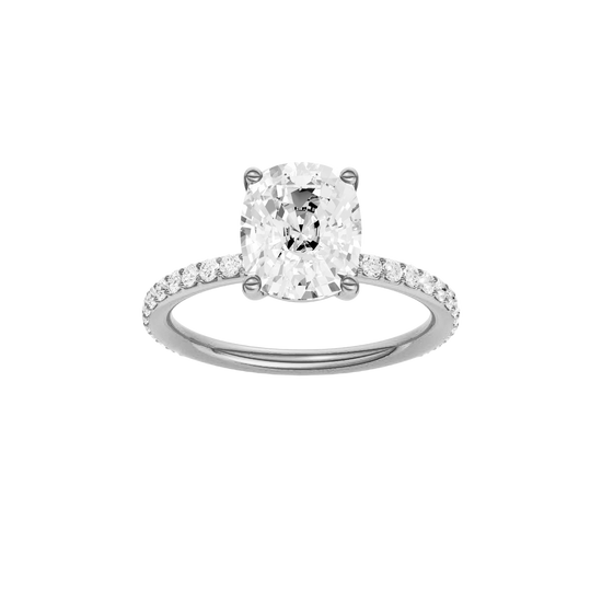 A front view of the Elongated cushion cut diamond engagement ring in platinum with a prong diamond band and cathedral setting