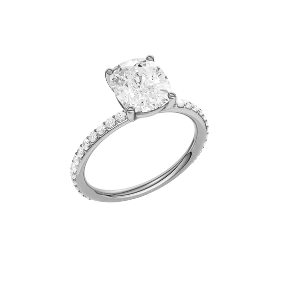 A three-quarter view of the Elongated cushion cut diamond engagement ring in 14k white gold with a prong diamond band and cathedral setting