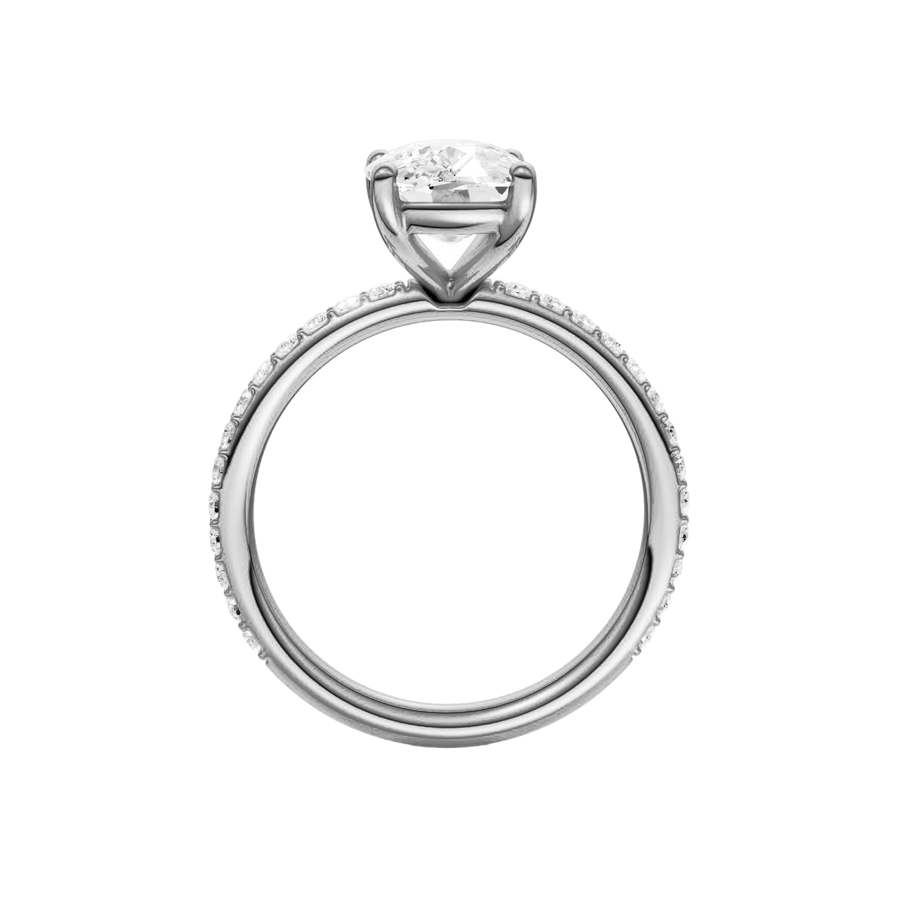 A profile view of the Elongated cushion cut diamond engagement ring in 14k white gold with a prong diamond band and cathedral setting