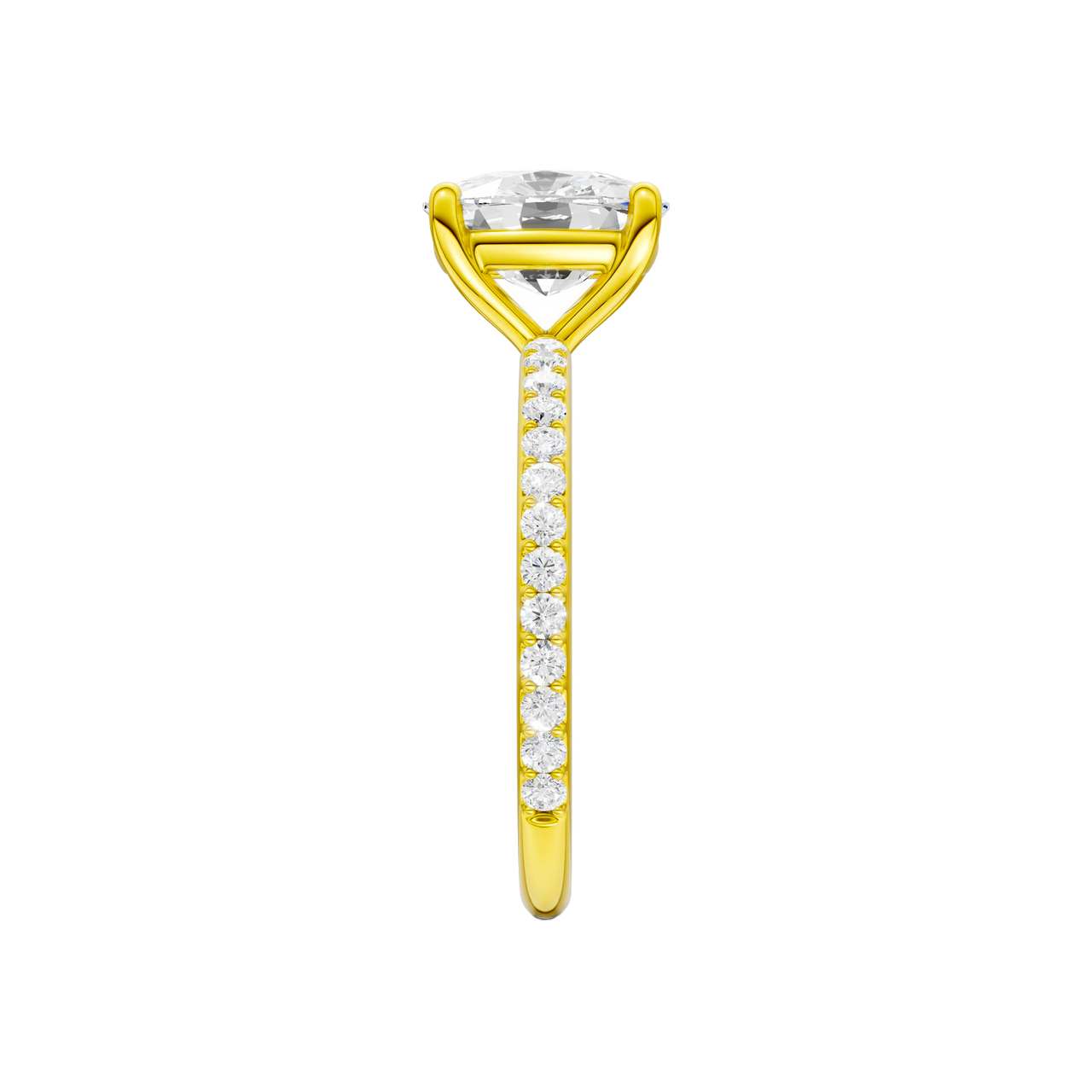 A side view of the Elongated cushion cut diamond engagement ring in 14k yellow gold with a prong diamond band and cathedral setting