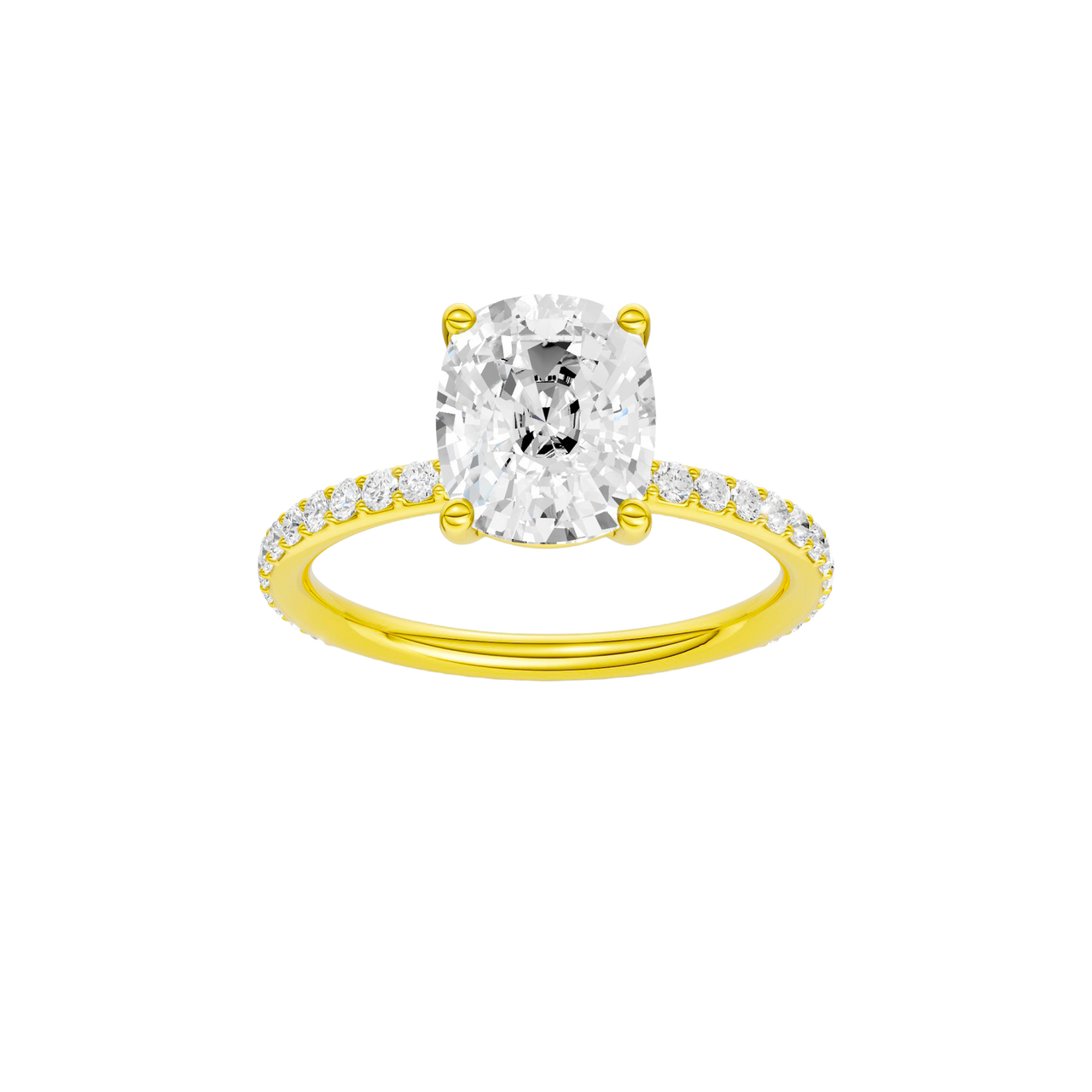 A front view of the Elongated cushion cut diamond engagement ring in 14k yellow gold with a prong diamond band and cathedral setting